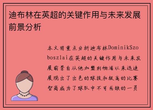 迪布林在英超的关键作用与未来发展前景分析 迪布林在英超的关键作用与未来发展前景分析