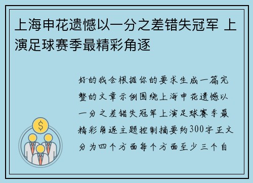 上海申花遗憾以一分之差错失冠军 上演足球赛季最精彩角逐