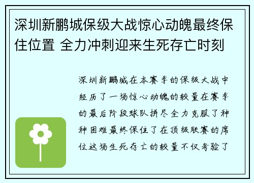 深圳新鹏城保级大战惊心动魄最终保住位置 全力冲刺迎来生死存亡时刻
