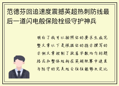 范德芬回追速度震撼英超热刺防线最后一道闪电般保险栓级守护神兵